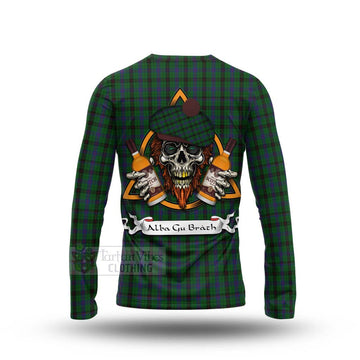 Tartan Vibes Clothing Davidson Tartan Long Sleeve T-Shirt with Family Crest and Bearded Skull Holding Bottles of Whiskey