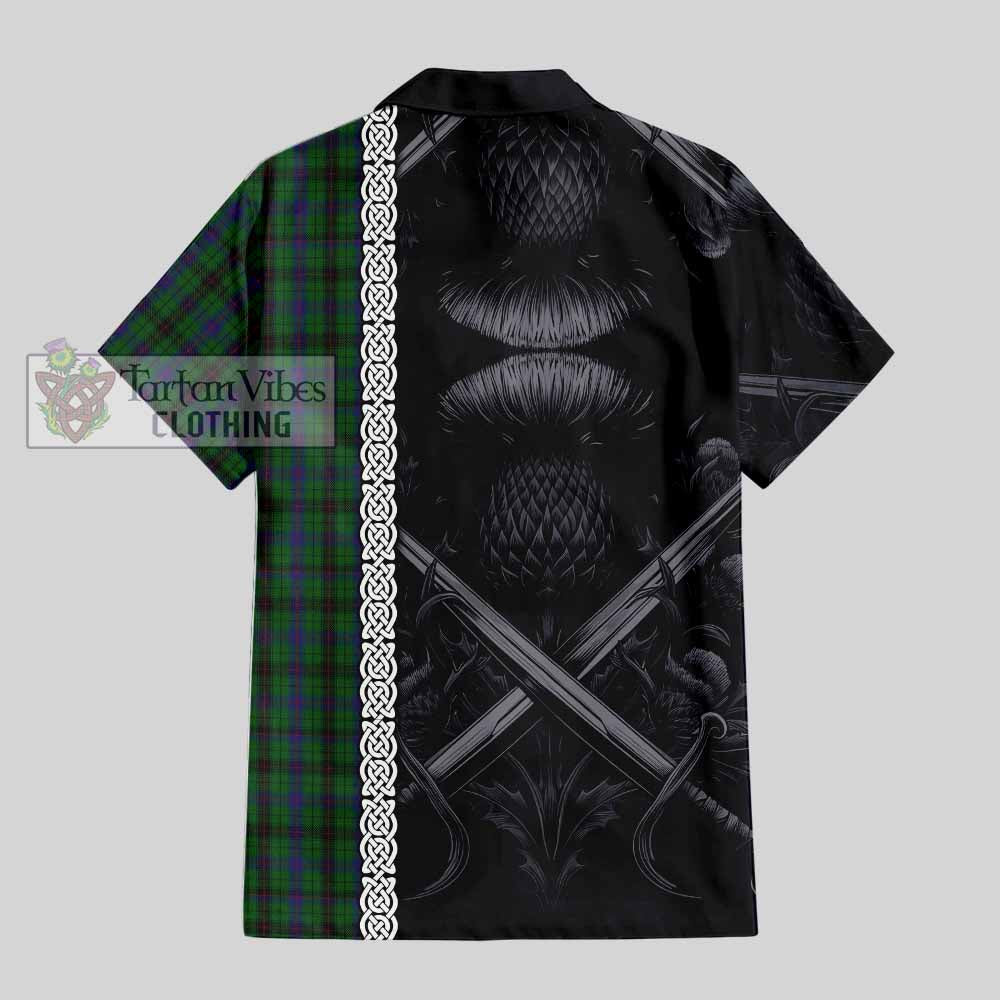 Tartan Vibes Clothing Davidson Tartan Short Sleeve Button Shirt with Family Crest Cross Sword Thistle Celtic Vibes