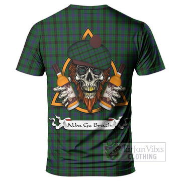 Tartan Vibes Clothing Davidson Tartan T-Shirt with Family Crest and Bearded Skull Holding Bottles of Whiskey