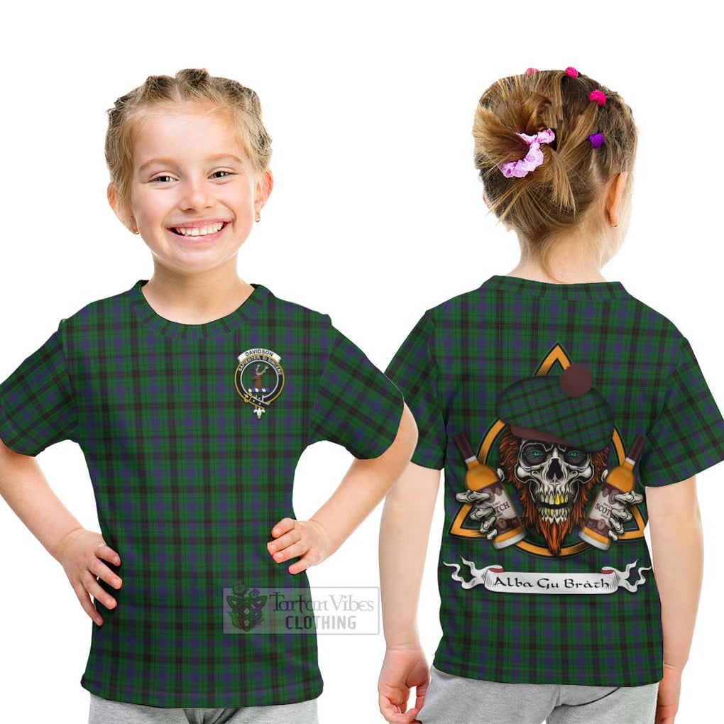 Tartan Vibes Clothing Davidson Tartan Kid T-Shirt with Family Crest and Bearded Skull Holding Bottles of Whiskey
