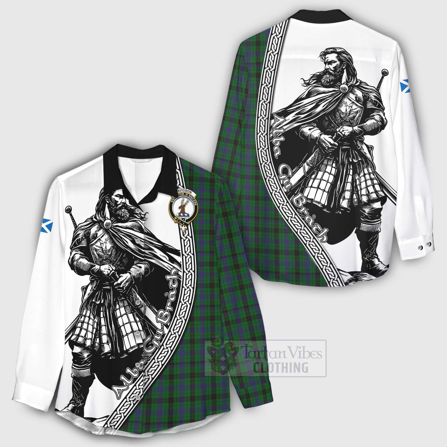 Tartan Vibes Clothing Davidson Tartan Clan Crest Women's Casual Shirt with Highlander Warrior Celtic Style