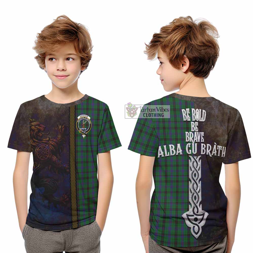 Tartan Vibes Clothing Davidson Tartan Family Crest Kid T-Shirt Alba Gu Brath Be Brave Lion Ancient Style