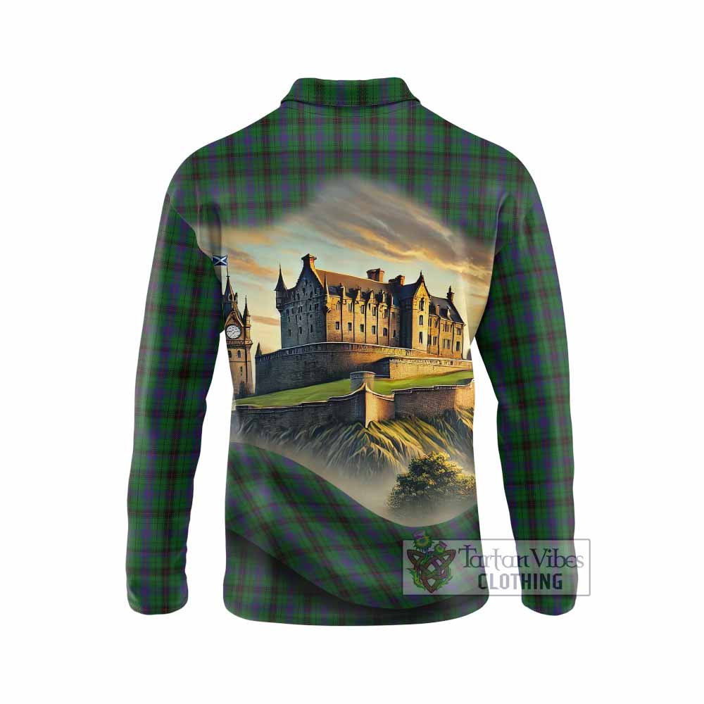 Tartan Vibes Clothing Davidson Tartan Family Crest Long Sleeve Polo Shirt with Scottish Ancient Castle Style