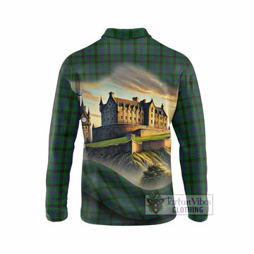 Tartan Vibes Clothing Davidson Tartan Family Crest Long Sleeve Polo Shirt with Scottish Ancient Castle Style