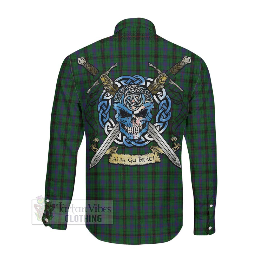Tartan Vibes Clothing Davidson Tartan Long Sleeve Button Shirt with Family Crest Celtic Skull Style