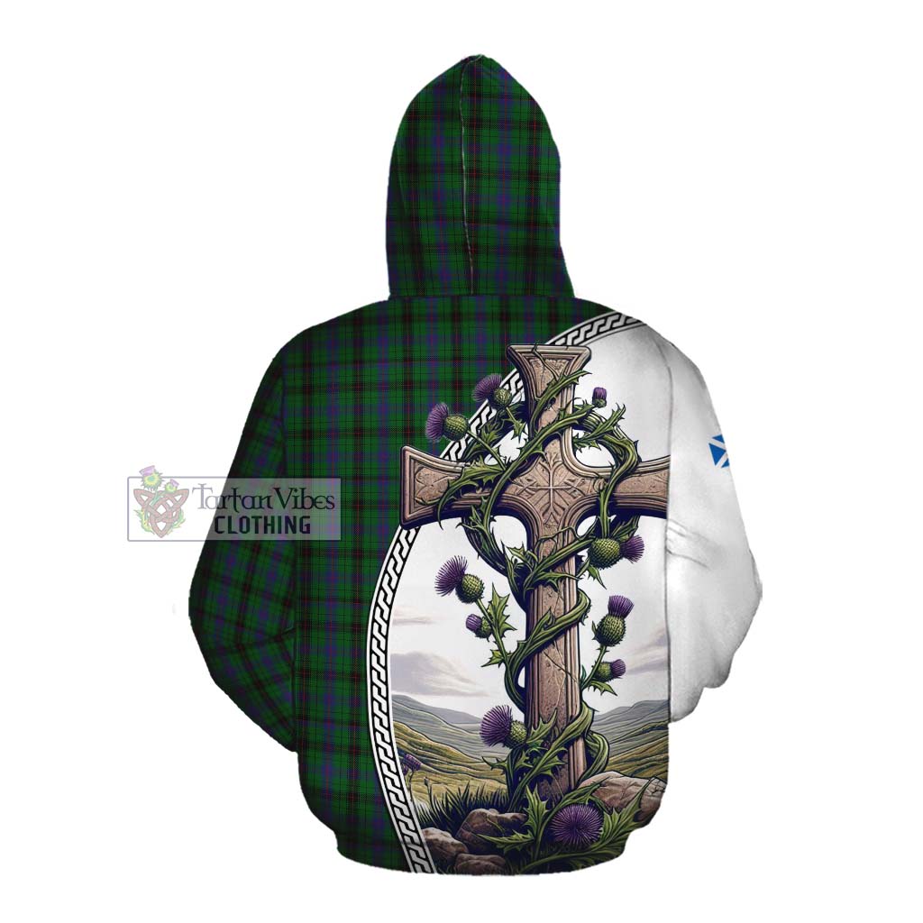 Tartan Vibes Clothing Davidson Tartan Cotton Hoodie with Family Crest and St. Andrew's Cross Accented by Thistle Vines