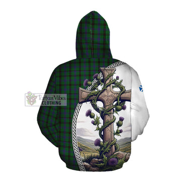 Davidson Tartan Cotton Hoodie with Family Crest and St. Andrew's Cross Accented by Thistle Vines