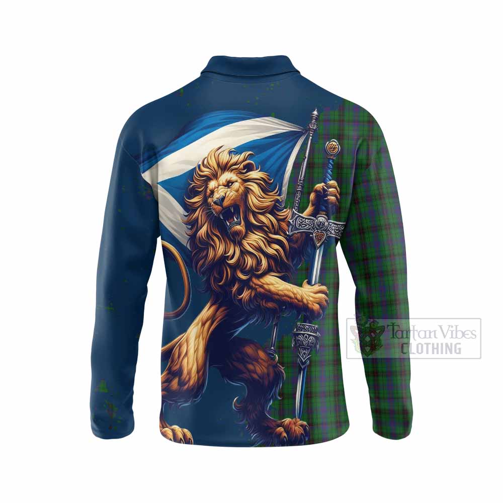 Tartan Vibes Clothing Davidson Tartan Family Crest Long Sleeve Polo Shirt with Scottish Majestic Lion