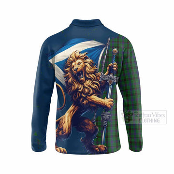 Tartan Vibes Clothing Davidson Tartan Family Crest Long Sleeve Polo Shirt with Scottish Majestic Lion