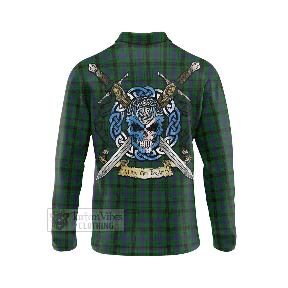 Tartan Vibes Clothing Davidson Tartan Long Sleeve Polo Shirt with Family Crest Celtic Skull Style