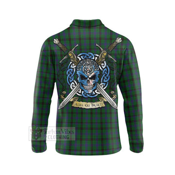 Tartan Vibes Clothing Davidson Tartan Long Sleeve Polo Shirt with Family Crest Celtic Skull Style