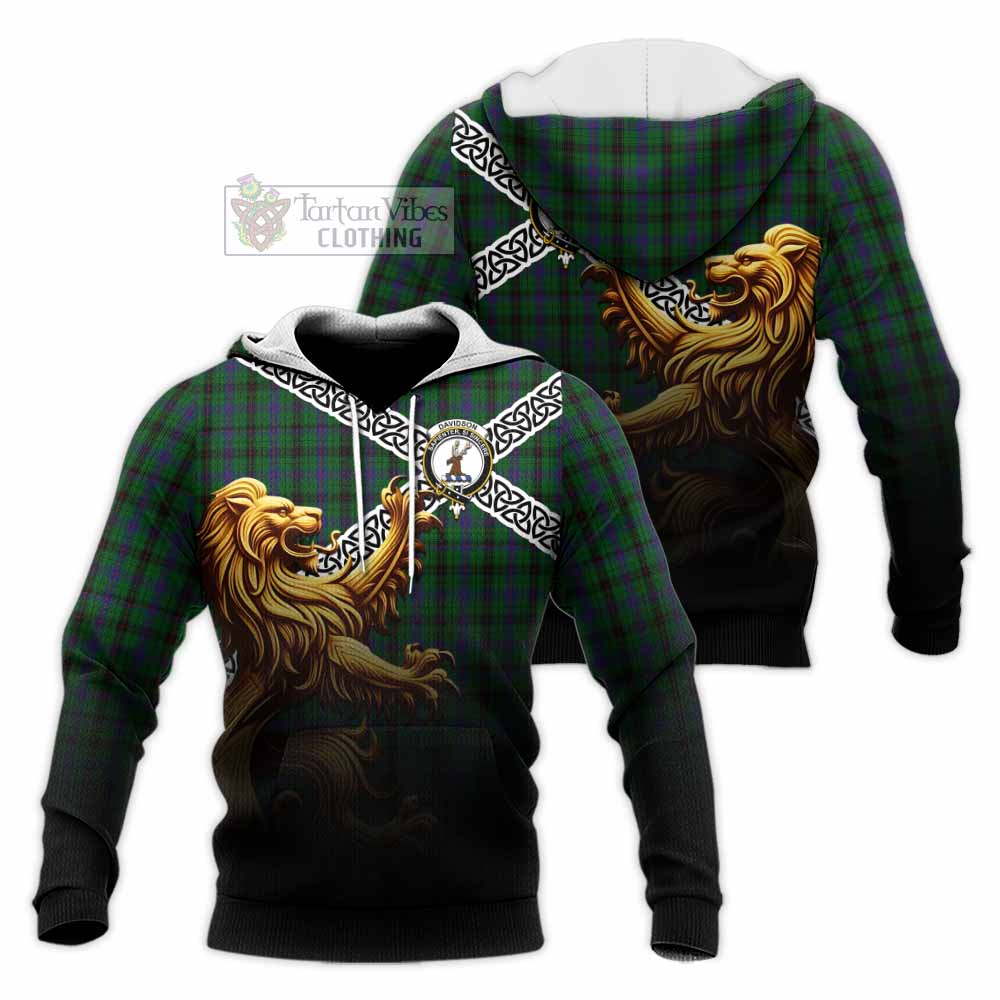 Tartan Vibes Clothing Davidson Crest Tartan Knitted Hoodie with Golden Lion Emblem Celtic Style