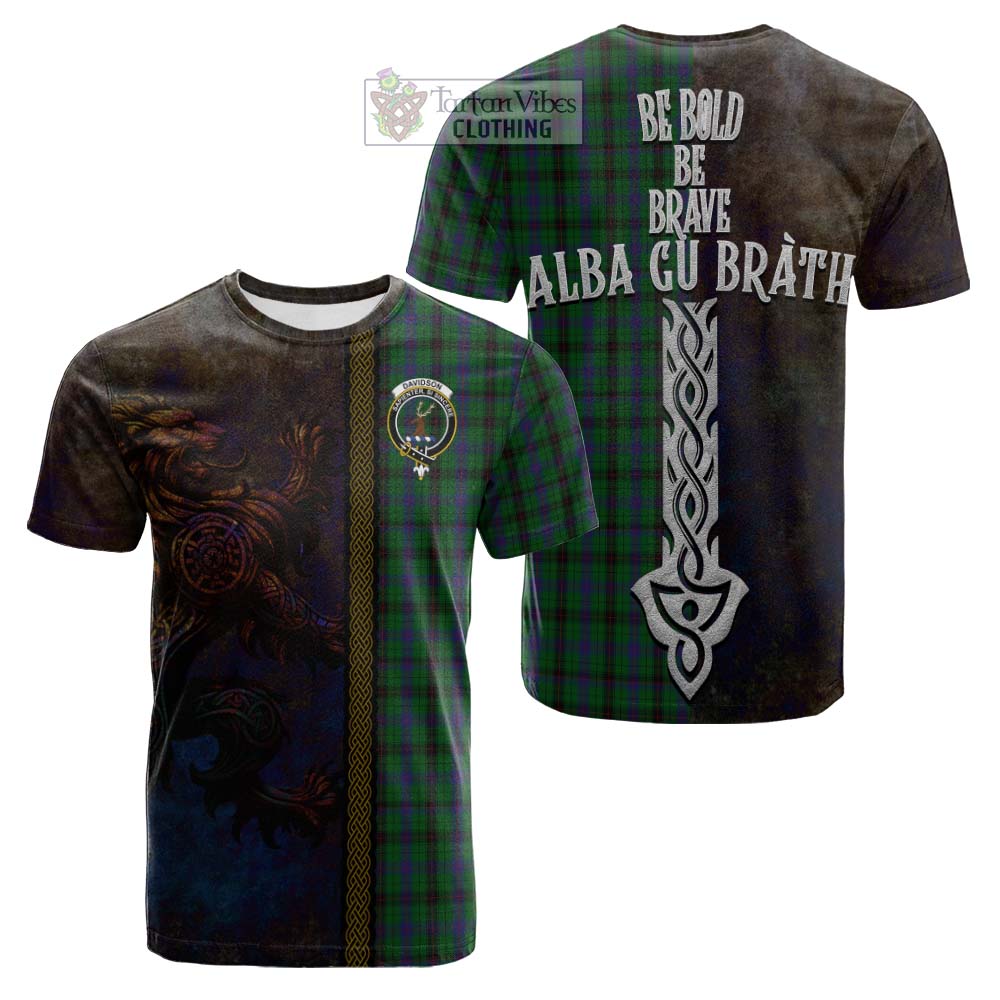 Tartan Vibes Clothing Davidson Tartan Family Crest Cotton T-shirt Alba Gu Brath Be Brave Lion Ancient Style