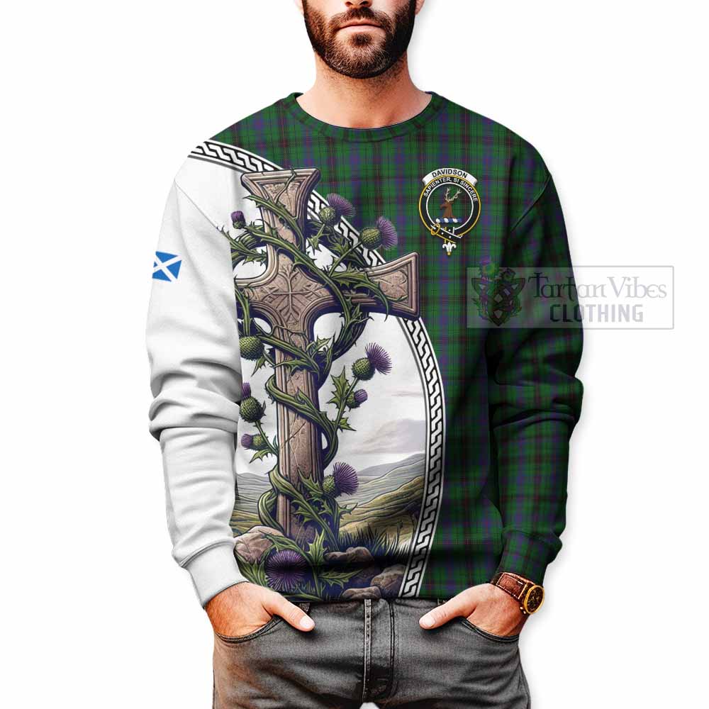 Tartan Vibes Clothing Davidson Tartan Sweatshirt with Family Crest and St. Andrew's Cross Accented by Thistle Vines