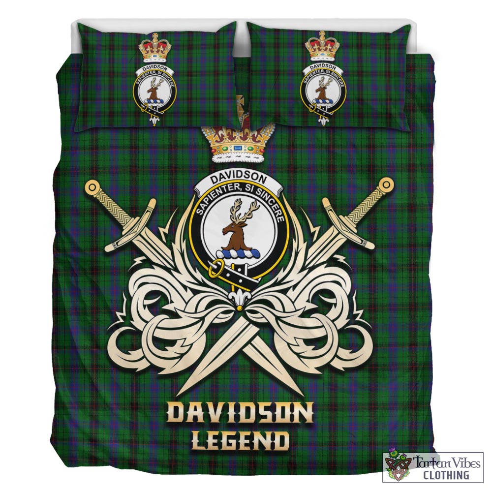 Tartan Vibes Clothing Davidson Tartan Bedding Set with Clan Crest and the Golden Sword of Courageous Legacy