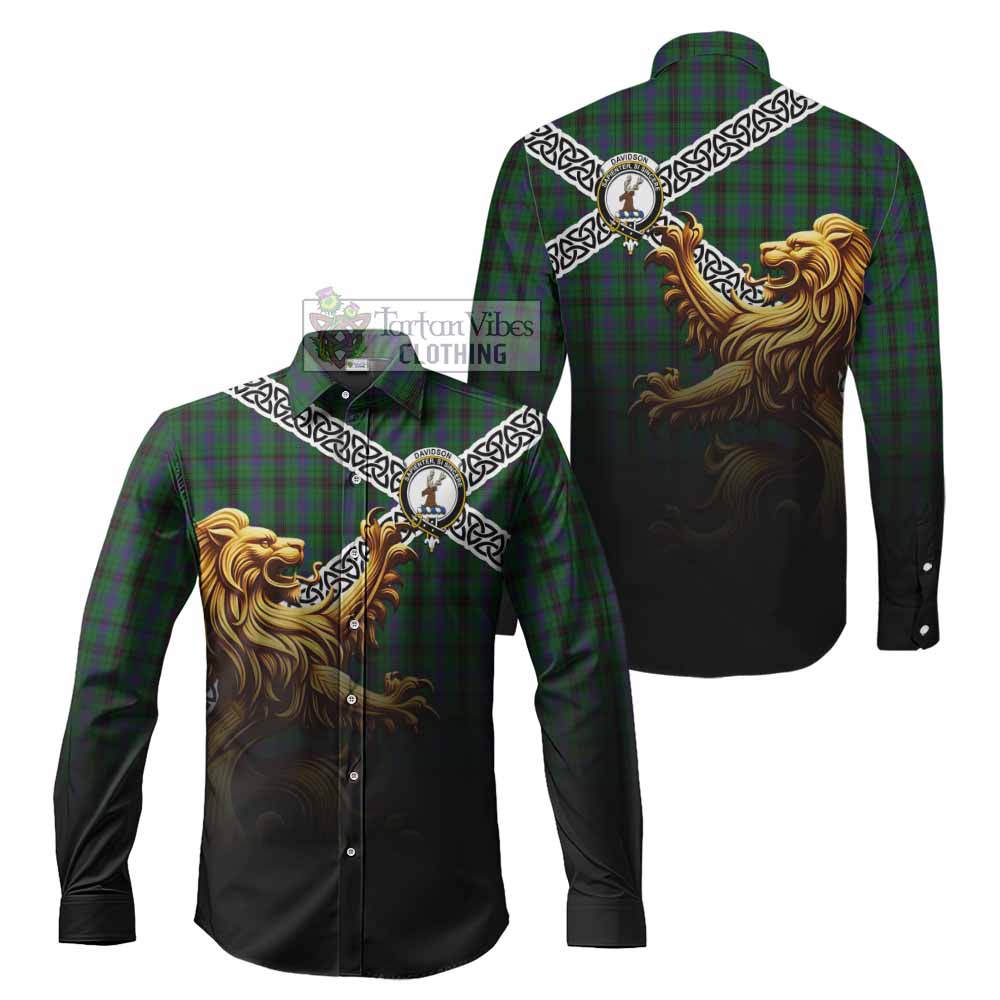 Tartan Vibes Clothing Davidson Crest Tartan Long Sleeve Button Shirt with Golden Lion Emblem Celtic Style