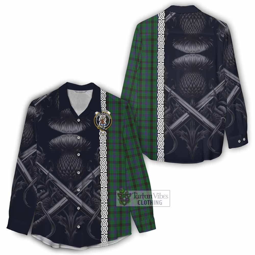 Tartan Vibes Clothing Davidson Tartan Women's Casual Shirt with Family Crest Cross Sword Thistle Celtic Vibes