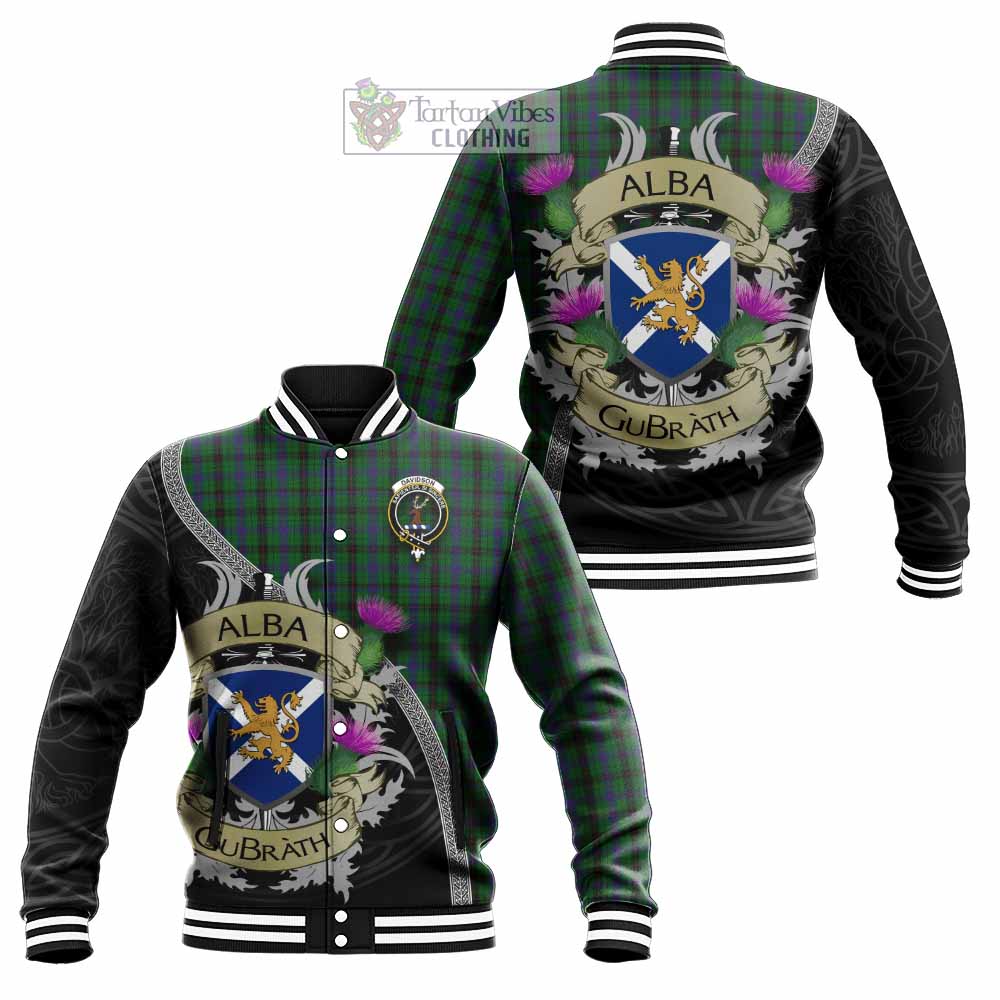 Tartan Vibes Clothing Davidson Tartan Family Crest Baseball Jacket Lion Rampant Royal Thistle Shield Celtic Inspired