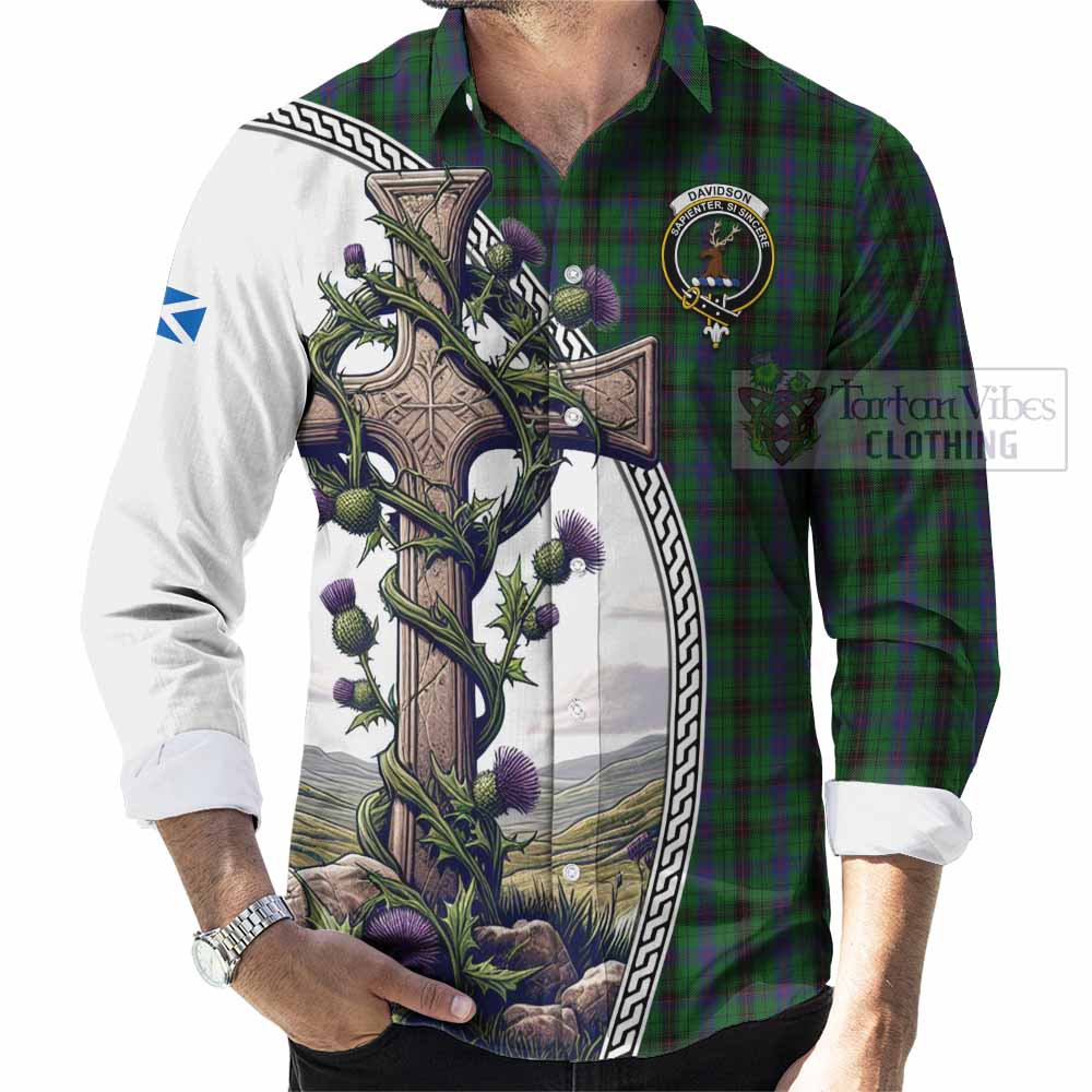 Tartan Vibes Clothing Davidson Tartan Long Sleeve Button Shirt with Family Crest and St. Andrew's Cross Accented by Thistle Vines