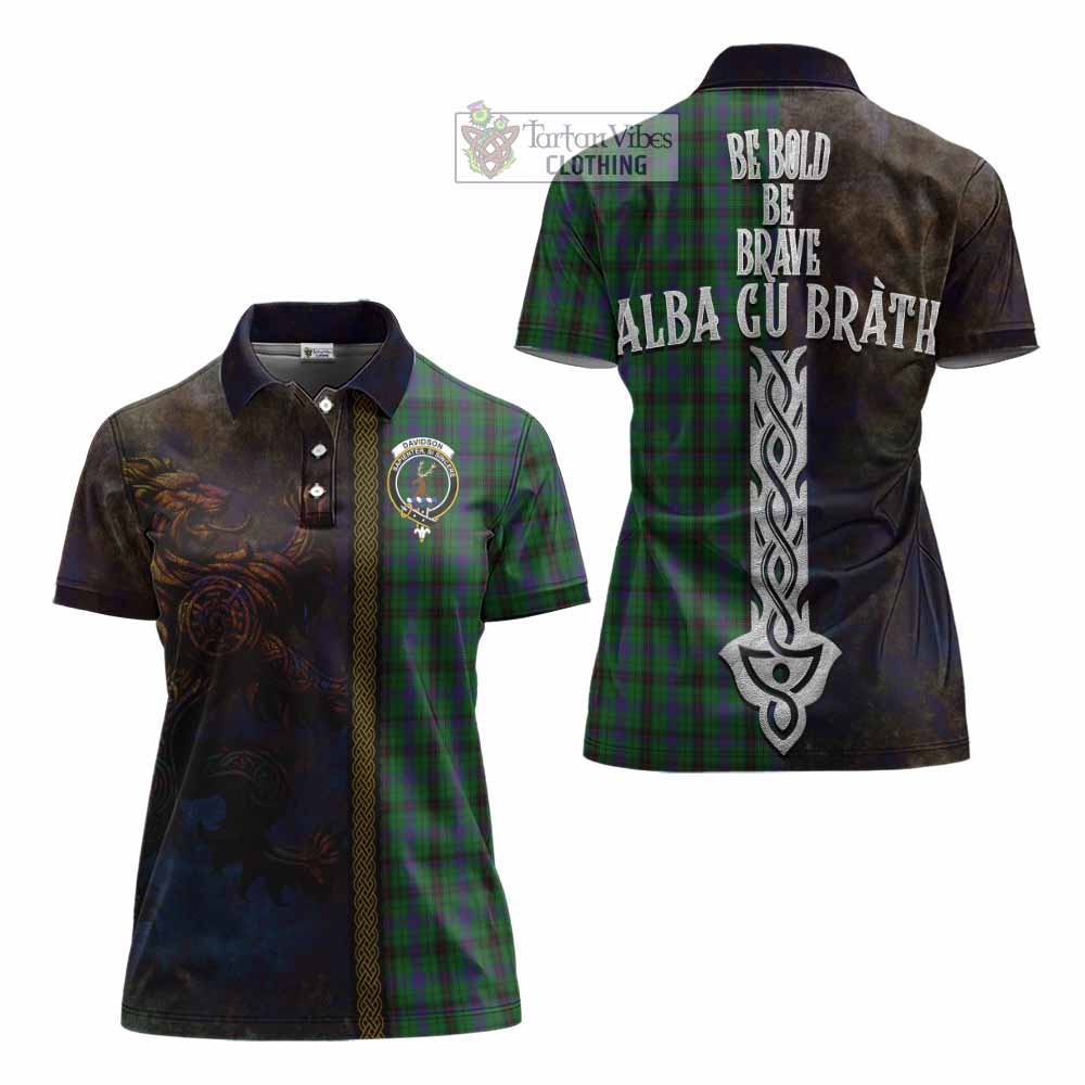 Tartan Vibes Clothing Davidson Tartan Family Crest Women's Polo Shirt Alba Gu Brath Be Brave Lion Ancient Style
