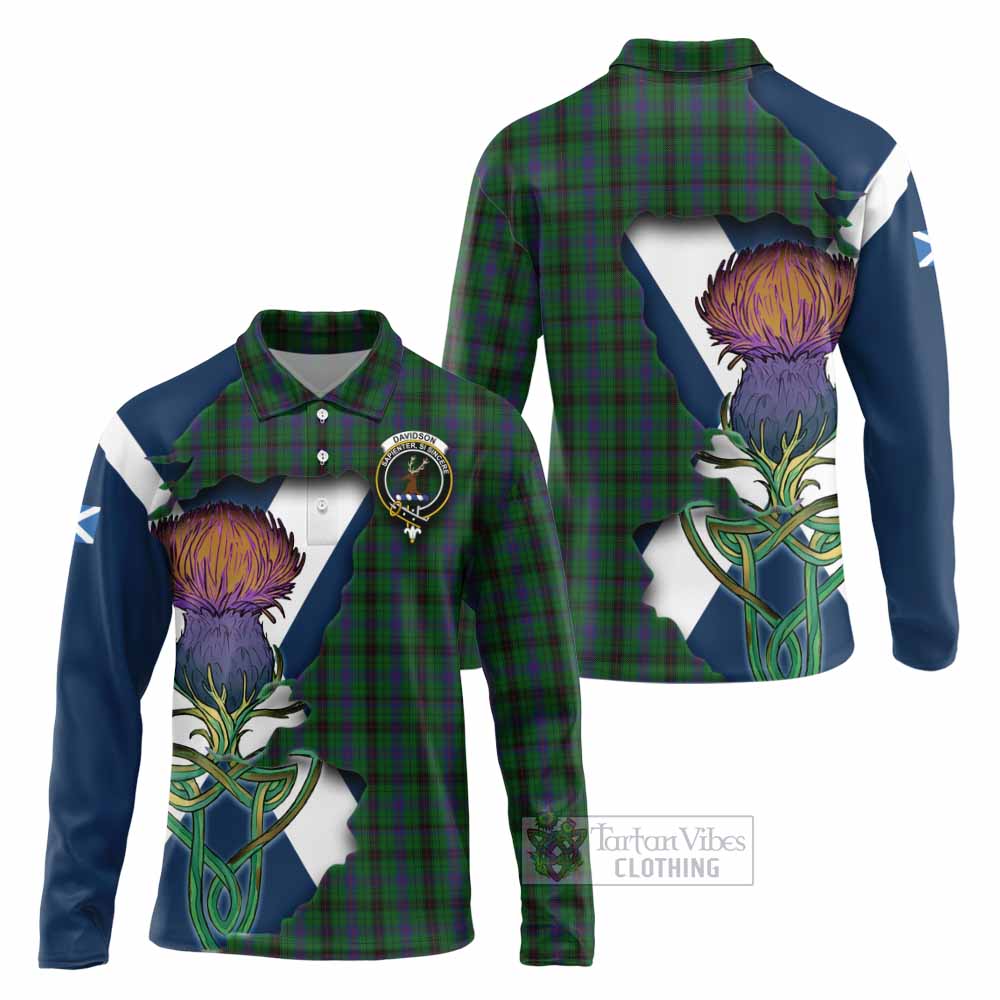 Tartan Vibes Clothing Davidson Tartan Family Crest Long Sleeve Polo Shirt Scottish Thistle Celtic Inspired