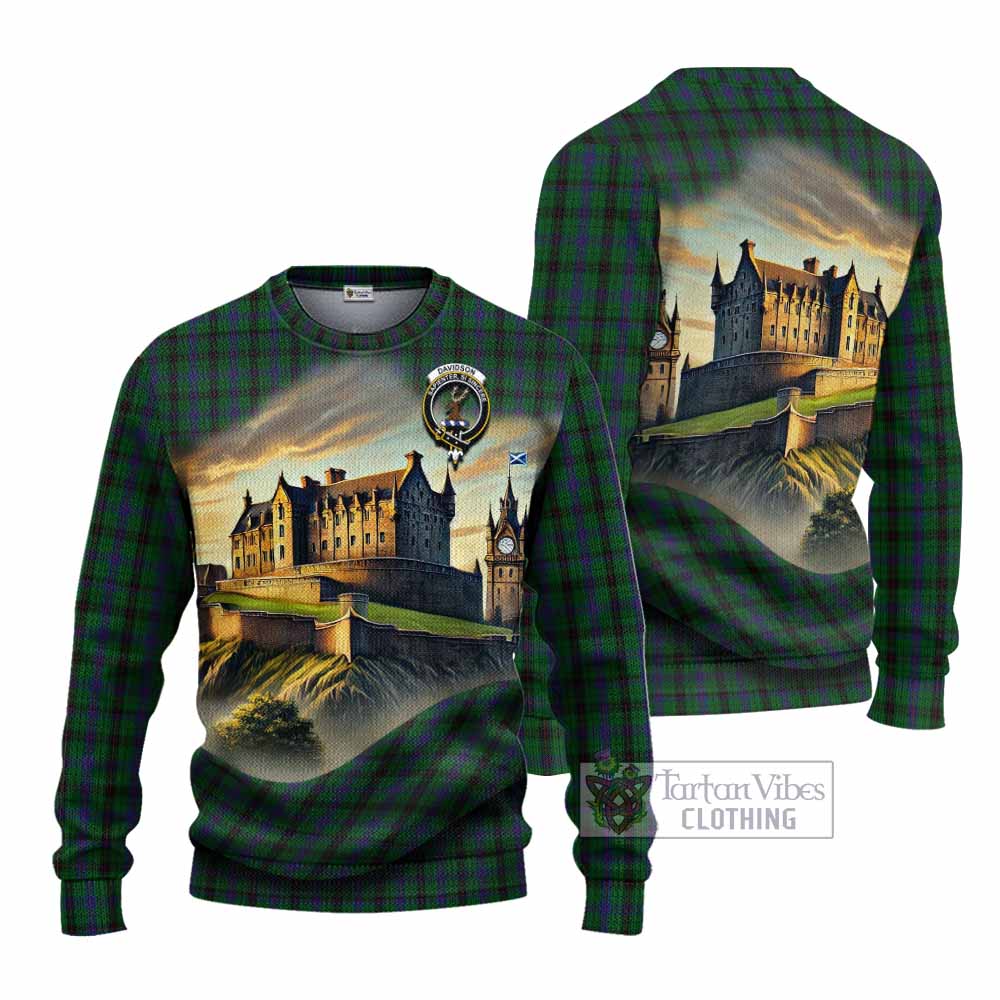 Tartan Vibes Clothing Davidson Tartan Family Crest Knitted Sweater with Scottish Ancient Castle Style