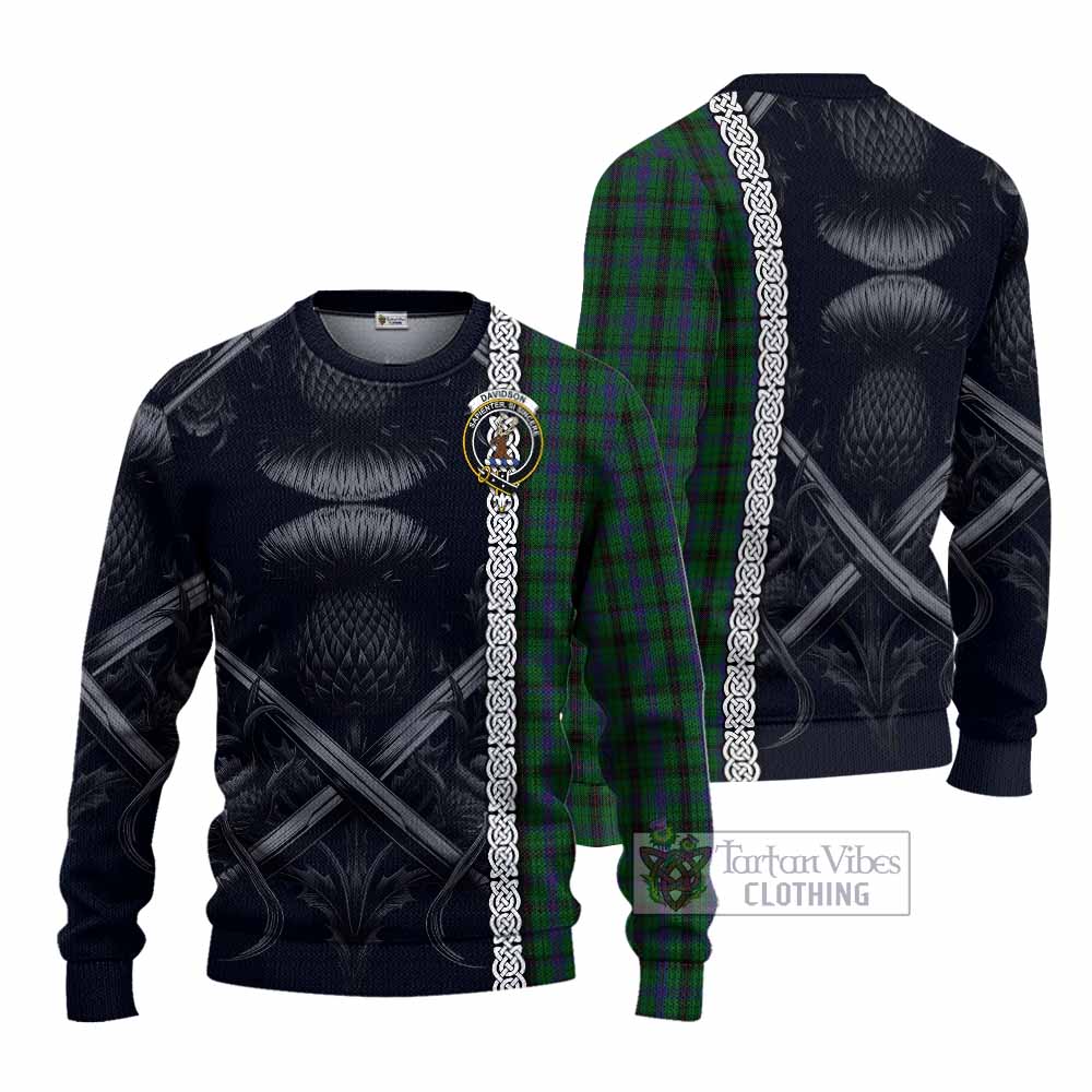 Tartan Vibes Clothing Davidson Tartan Knitted Sweater with Family Crest Cross Sword Thistle Celtic Vibes