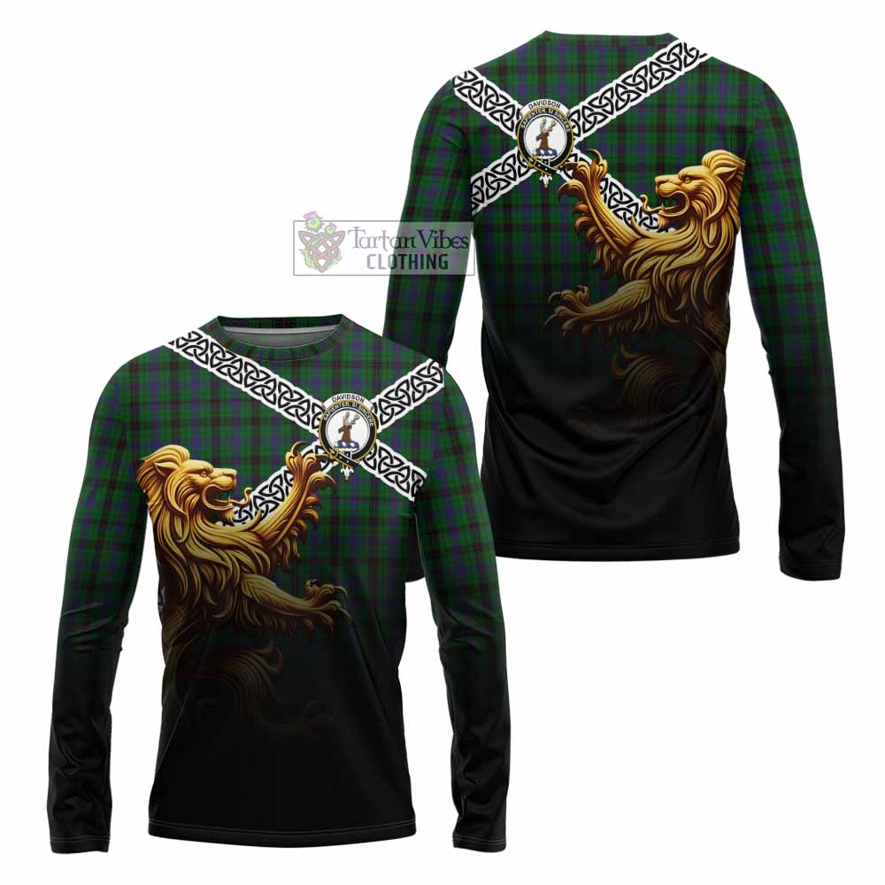 Tartan Vibes Clothing Davidson Crest Tartan Long Sleeve T-Shirt with Golden Lion Emblem Celtic Style
