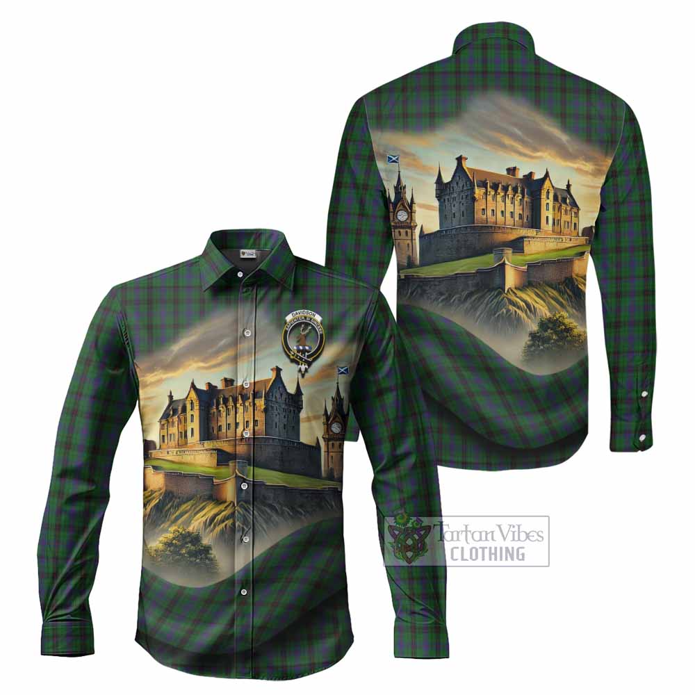 Tartan Vibes Clothing Davidson Tartan Family Crest Long Sleeve Button Shirt with Scottish Ancient Castle Style