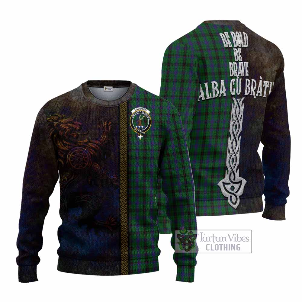Tartan Vibes Clothing Davidson Tartan Family Crest Knitted Sweater Alba Gu Brath Be Brave Lion Ancient Style