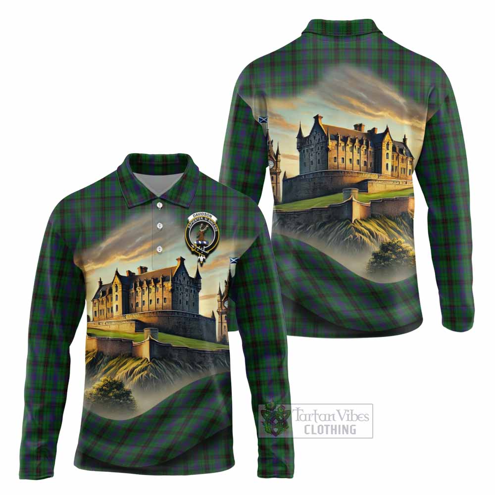 Tartan Vibes Clothing Davidson Tartan Family Crest Long Sleeve Polo Shirt with Scottish Ancient Castle Style