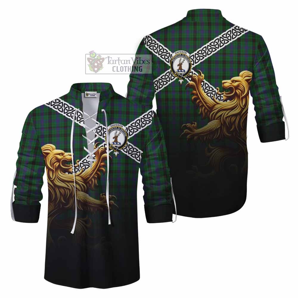 Tartan Vibes Clothing Davidson Crest Tartan Ghillie Kilt Shirt with Golden Lion Emblem Celtic Style