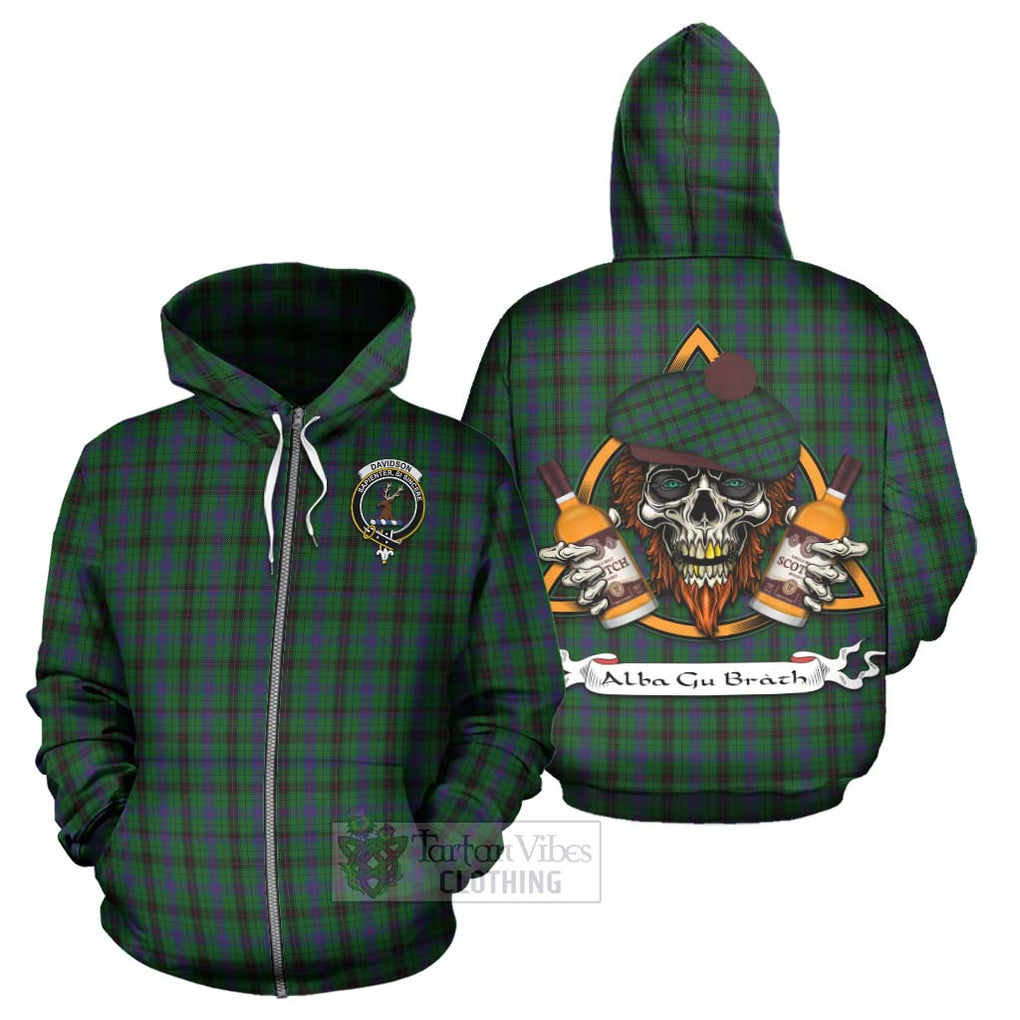 Tartan Vibes Clothing Davidson Tartan Hoodie with Family Crest and Bearded Skull Holding Bottles of Whiskey