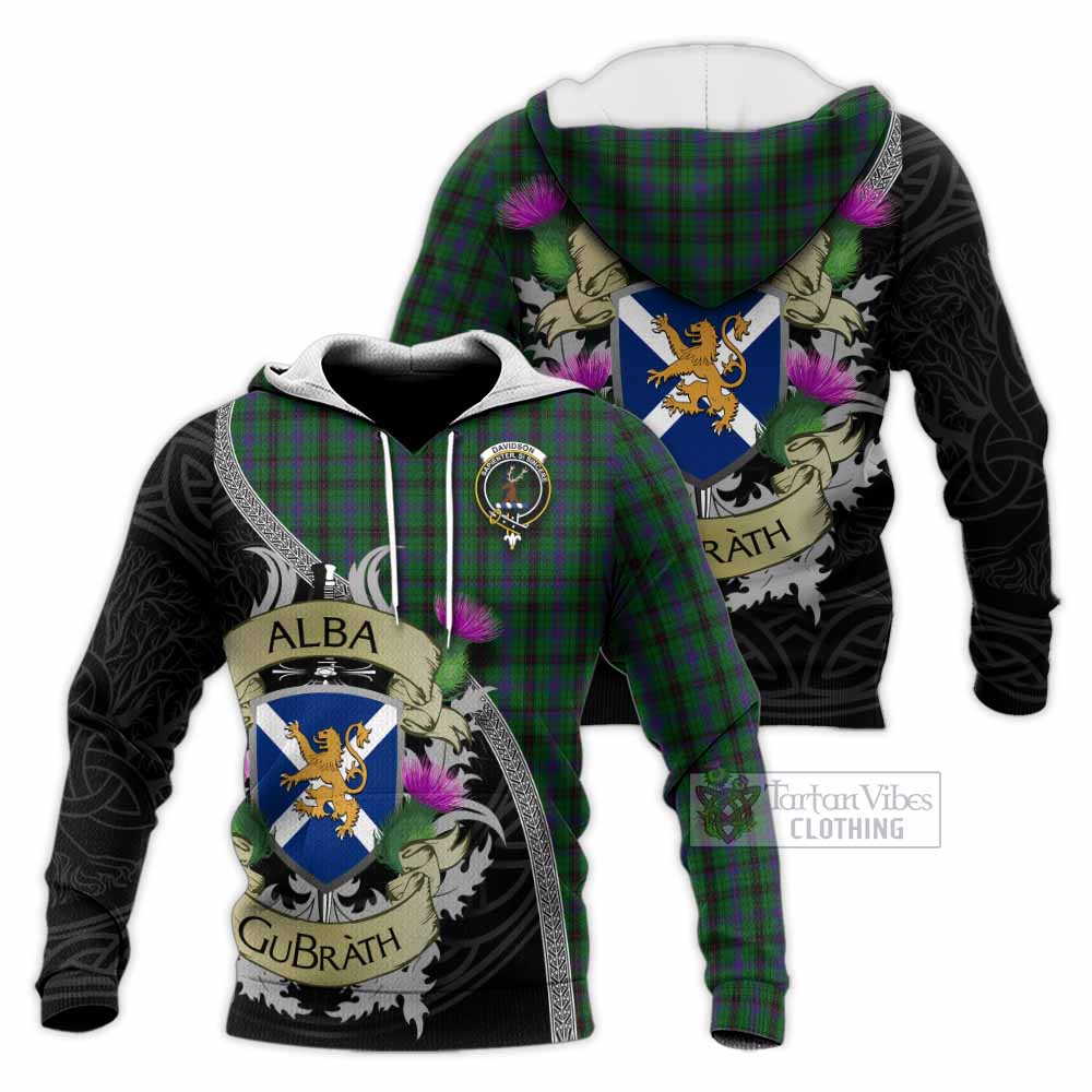 Tartan Vibes Clothing Davidson Tartan Family Crest Knitted Hoodie Lion Rampant Royal Thistle Shield Celtic Inspired