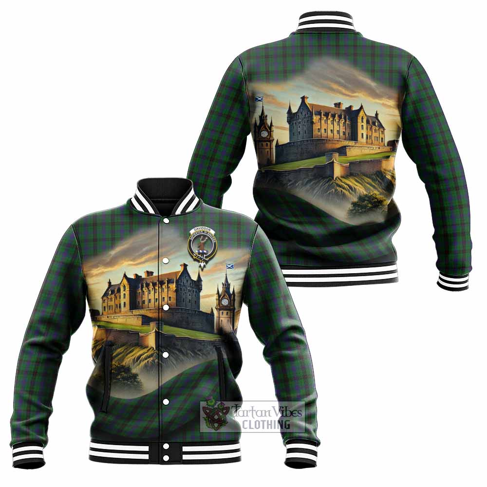 Tartan Vibes Clothing Davidson Tartan Family Crest Baseball Jacket with Scottish Ancient Castle Style