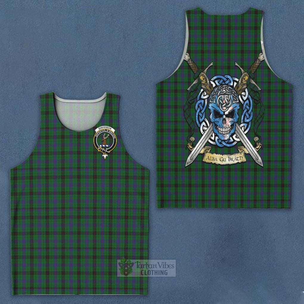 Tartan Vibes Clothing Davidson Tartan Men's Tank Top with Family Crest Celtic Skull Style