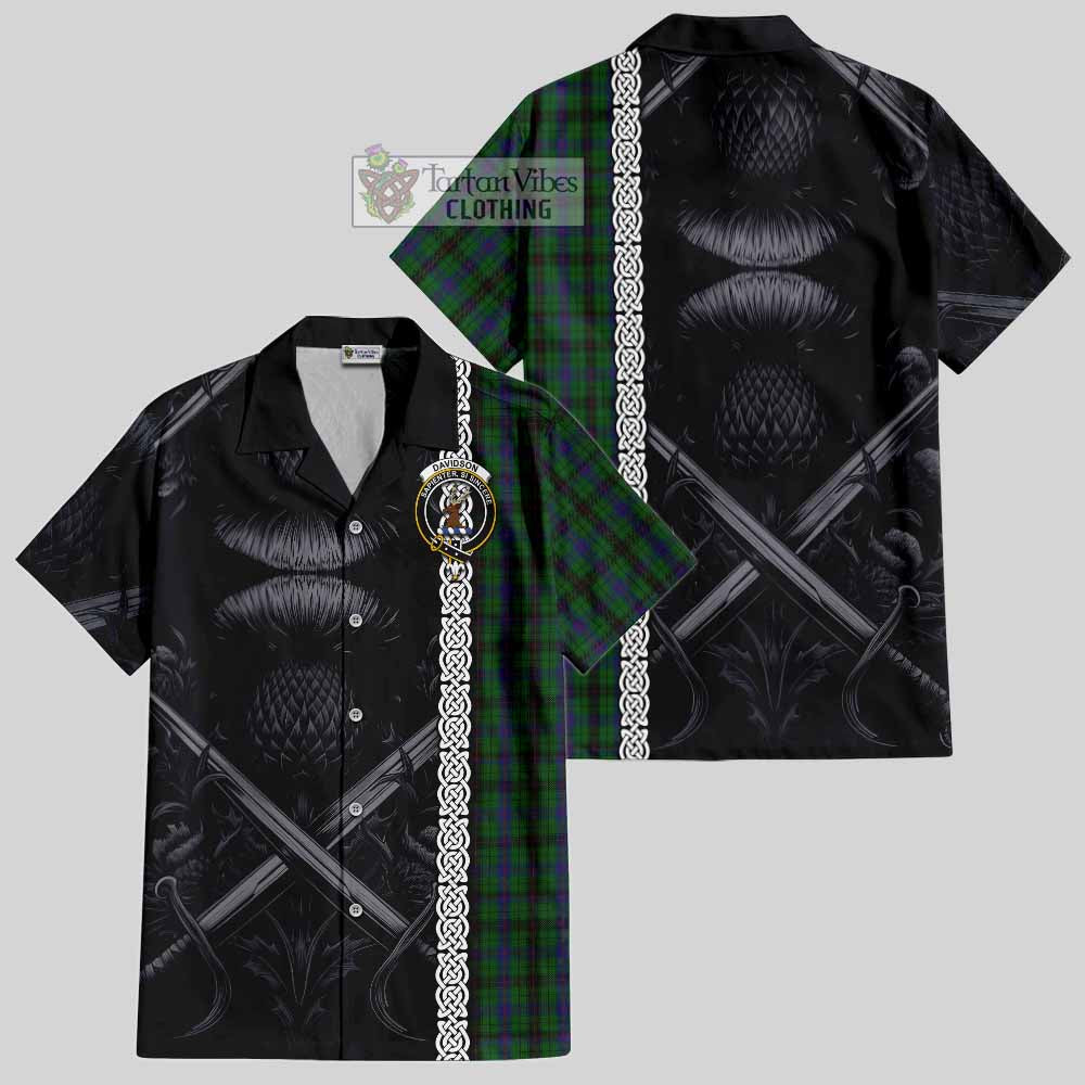 Tartan Vibes Clothing Davidson Tartan Short Sleeve Button Shirt with Family Crest Cross Sword Thistle Celtic Vibes