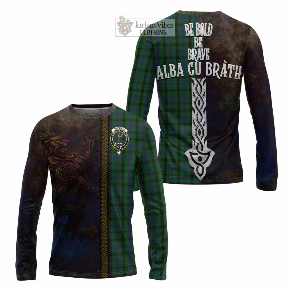 Tartan Vibes Clothing Davidson Tartan Family Crest Long Sleeve T-Shirt Alba Gu Brath Be Brave Lion Ancient Style