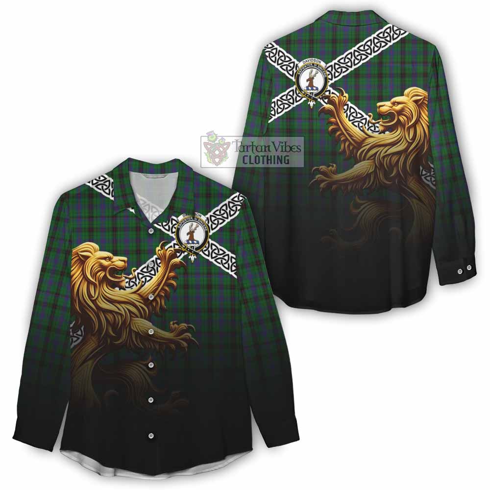 Tartan Vibes Clothing Davidson Crest Tartan Women's Casual Shirt with Golden Lion Emblem Celtic Style