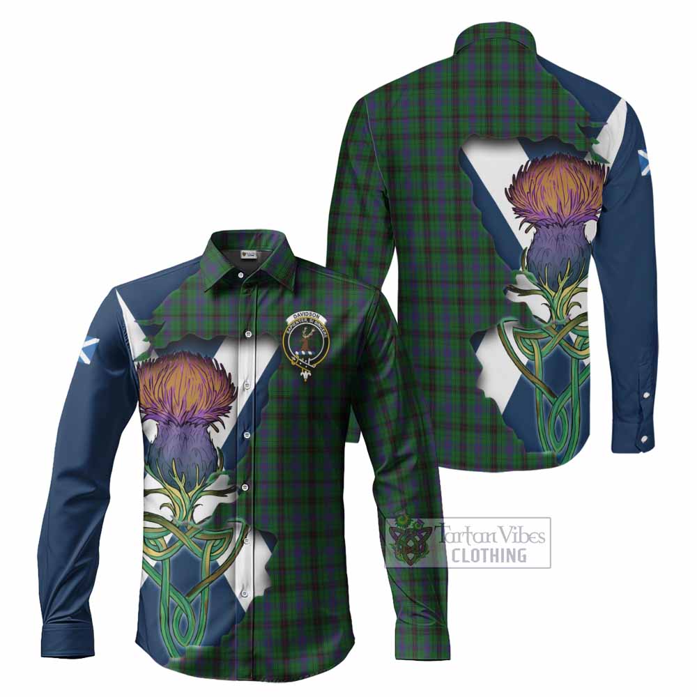 Tartan Vibes Clothing Davidson Tartan Family Crest Long Sleeve Button Shirt Scottish Thistle Celtic Inspired