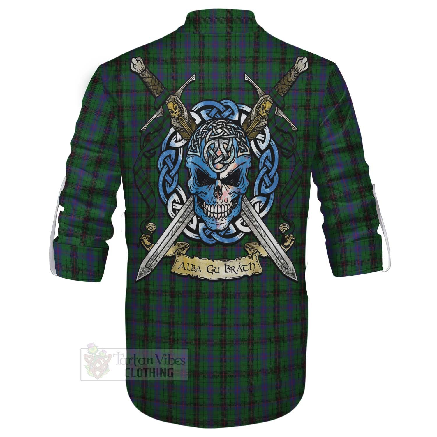 Tartan Vibes Clothing Davidson Tartan Ghillie Kilt Shirt with Family Crest Celtic Skull Style