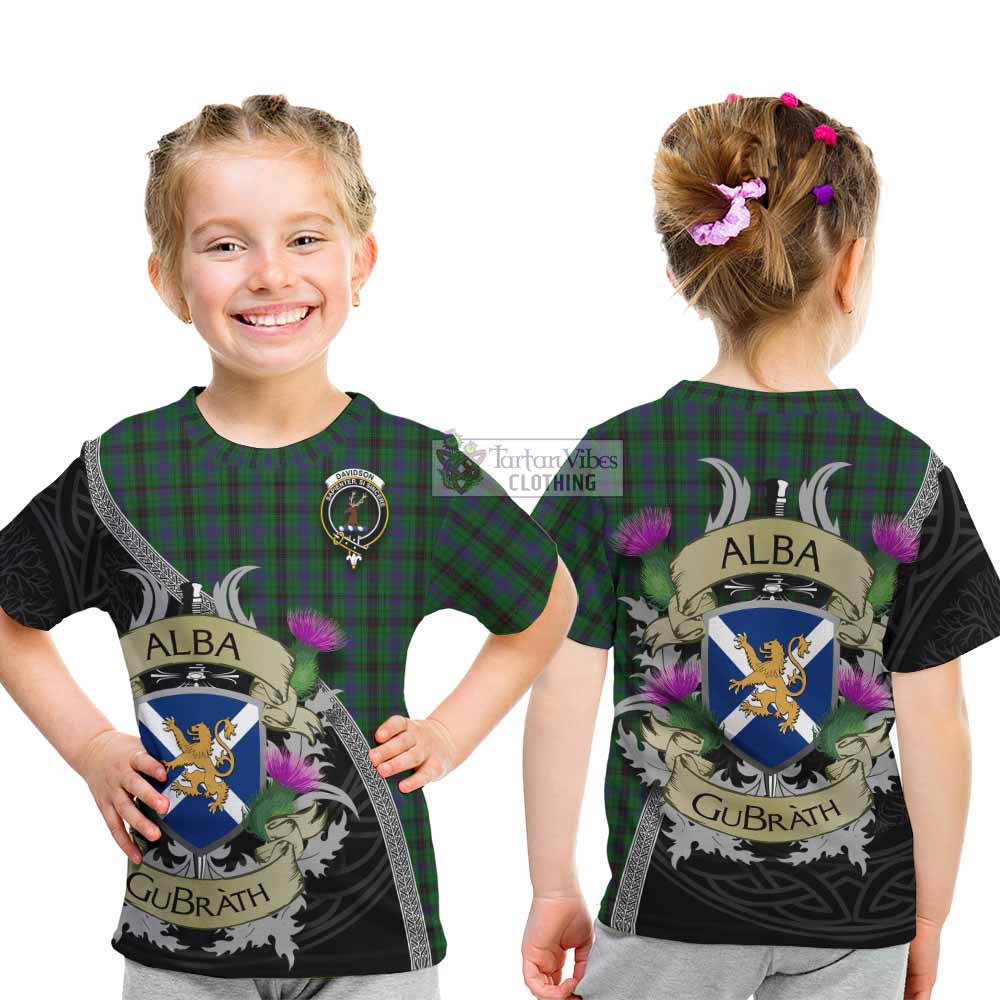 Tartan Vibes Clothing Davidson Tartan Family Crest Kid T-Shirt Lion Rampant Royal Thistle Shield Celtic Inspired