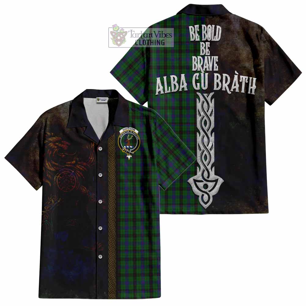 Tartan Vibes Clothing Davidson Tartan Family Crest Short Sleeve Button Shirt Alba Gu Brath Be Brave Lion Ancient Style