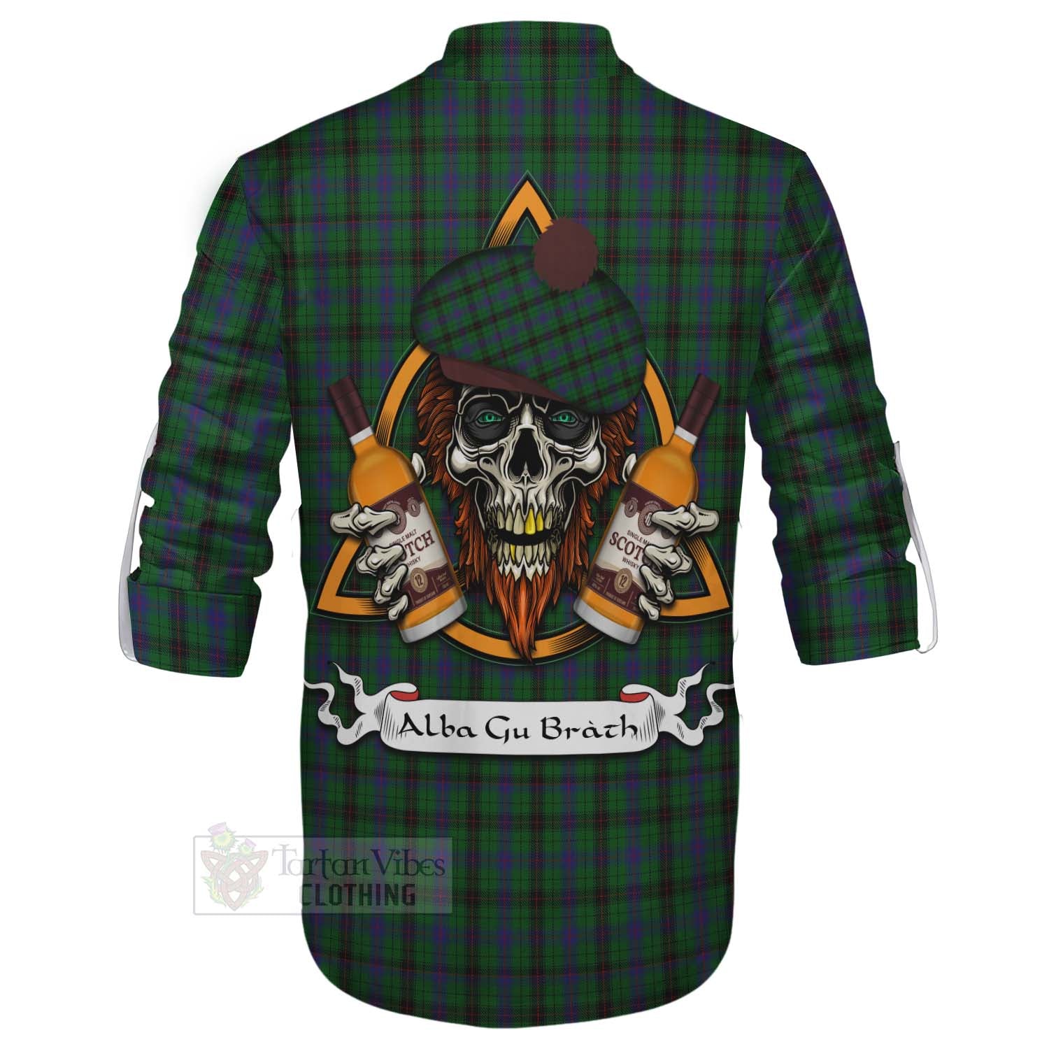 Tartan Vibes Clothing Davidson Tartan Ghillie Kilt Shirt with Family Crest and Bearded Skull Holding Bottles of Whiskey