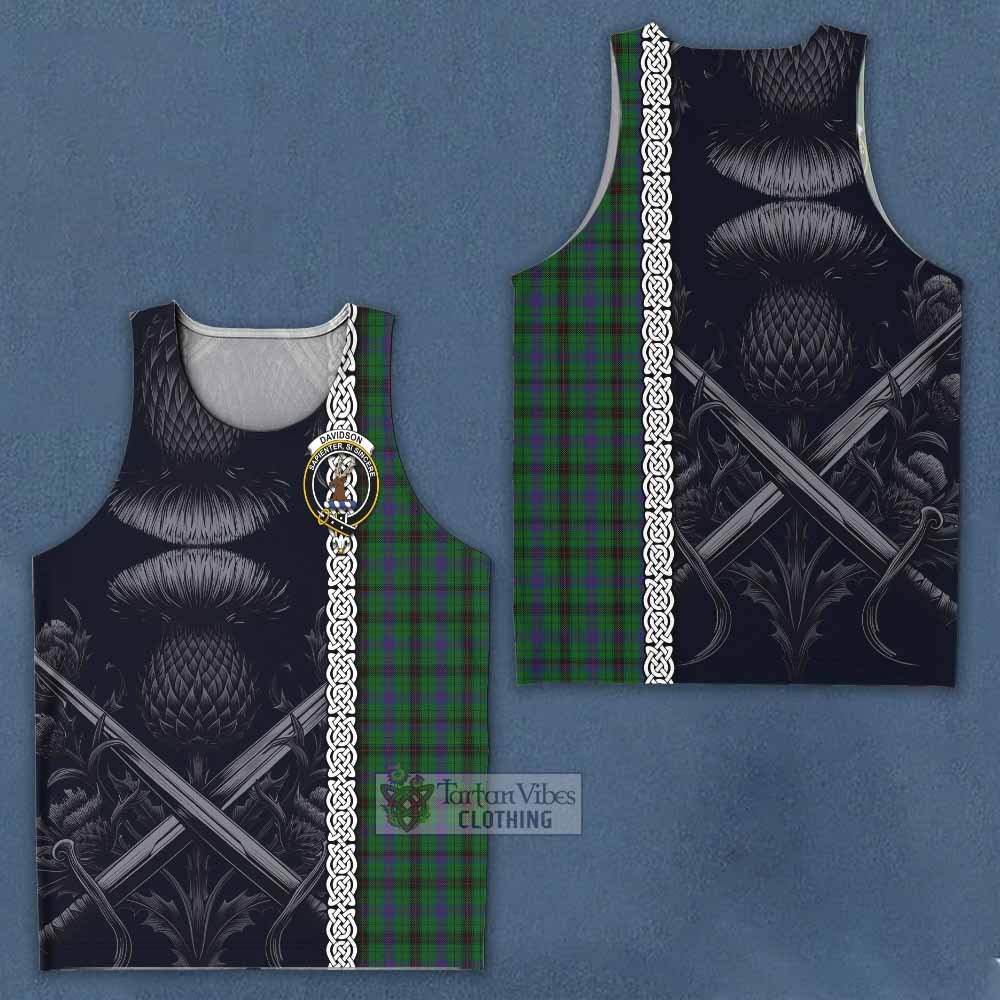 Tartan Vibes Clothing Davidson Tartan Men's Tank Top with Family Crest Cross Sword Thistle Celtic Vibes