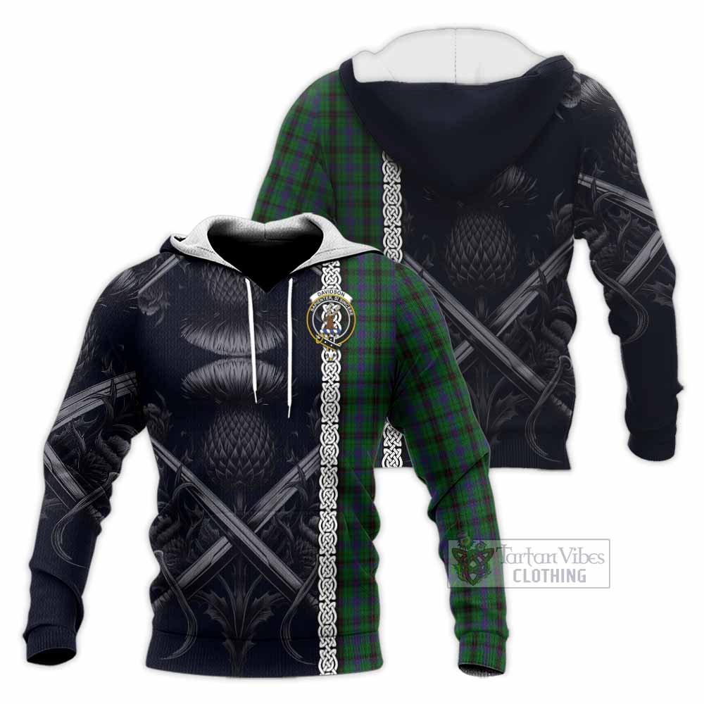 Tartan Vibes Clothing Davidson Tartan Knitted Hoodie with Family Crest Cross Sword Thistle Celtic Vibes