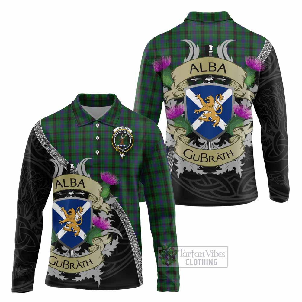 Tartan Vibes Clothing Davidson Tartan Family Crest Long Sleeve Polo Shirt Lion Rampant Royal Thistle Shield Celtic Inspired