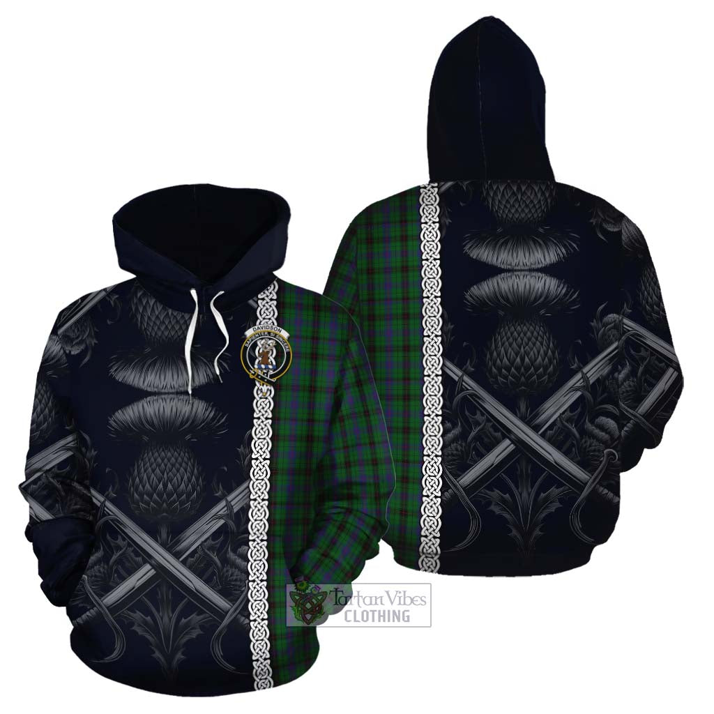 Tartan Vibes Clothing Davidson Tartan Cotton Hoodie with Family Crest Cross Sword Thistle Celtic Vibes