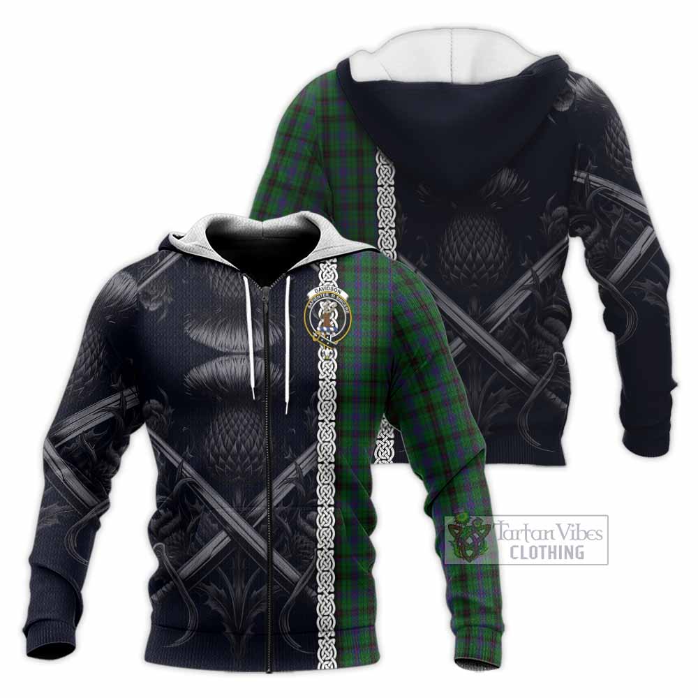 Tartan Vibes Clothing Davidson Tartan Knitted Hoodie with Family Crest Cross Sword Thistle Celtic Vibes
