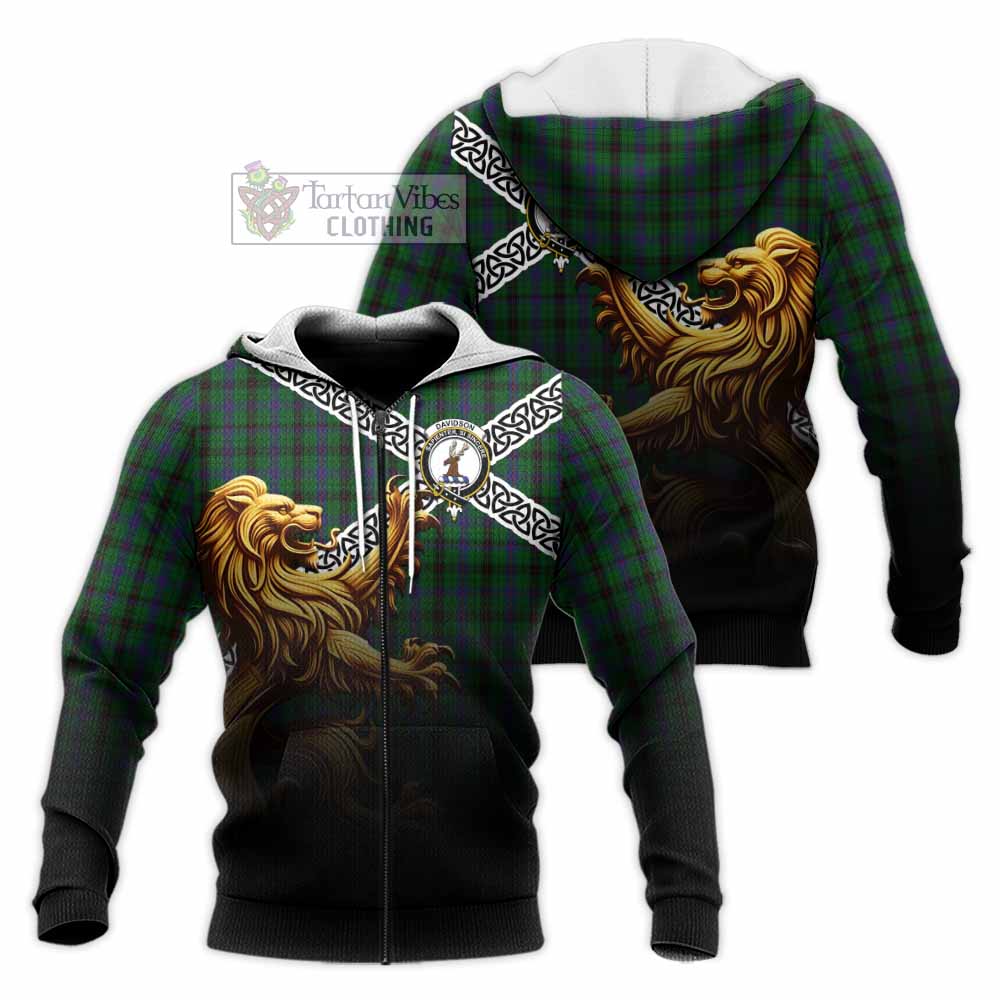Tartan Vibes Clothing Davidson Crest Tartan Knitted Hoodie with Golden Lion Emblem Celtic Style
